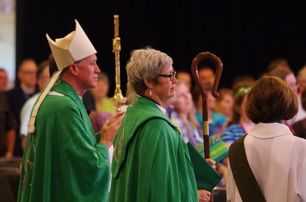 Archbishop Fred Hiltz, primate of the Anglican Church of Canada, and Susan Johnson, national bishop of the Evangelical Lutheran Church in Canada, at the opening eucharist service in Ottawa. Photo: Simon Chambers