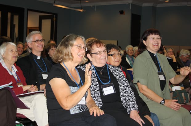 APCI delegates to Montreal greet their bishop and fellow B.C. Anglicans back in 100 Mile House by Skype. From left: Carmen Fairley, Betty-May Gore, Laura Suchell and Capt. Rev. Isabel Healy-Morrow. Photo contributed.