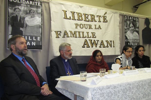 (L to R): Federal opposition leader Thomas Mulcair, Diocese of Montreal Bishop Barry Clarke, Khurshid Begum Awan, Khurshid Begum AwanFarha Najah Hussain, and Tahira Malik.