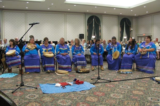 The Ojibwa drum group Mino Ode Kwewak N'gamowak (Good Hearted Women Singers) took part in the ELCIC Eastern Synod event aimed at building "right relationships" between indigenous and non-indigenous people of Canada. Photo: Marites N. Sison