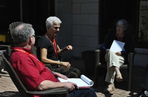 Members of the Council of General Synod - (L to R) the Rev. Canon Terry Leer, province of Rupert's Land; Tannis Webster, province of Rupert's Land and Haroldine Neil Burchert, province of Ontario- enjoyed a little fresh air during group discussions of proposals from the Anglican Council of Indigenous Peoples. Photo: Marites N. Sison