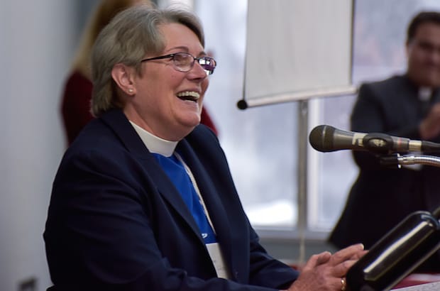 “Montreal has always been in my heart,” says Bishop-elect Mary Irwin-Gibson, whose election is greeted by applause. She served parishes in Montreal for 28 years before moving to Kingston, Ont. Photo: Tony Hadley