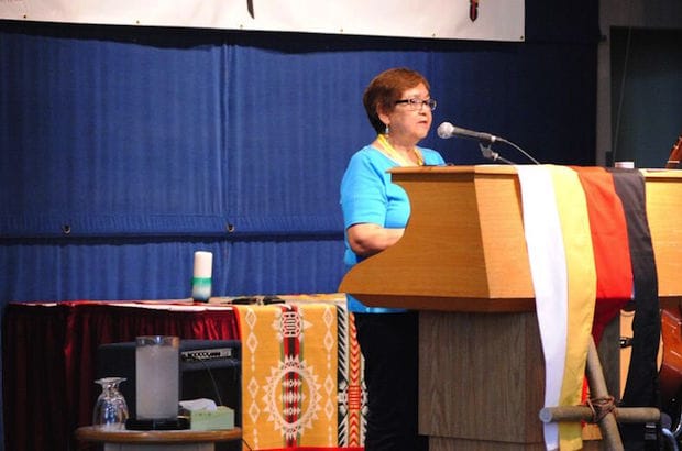 Sylvia James, an ACIP member from the diocese of Rupert’s Land, speaks passionately about the importance of removing the nine-year term for the National Indigenous Anglican Bishop. Photo: André Forget