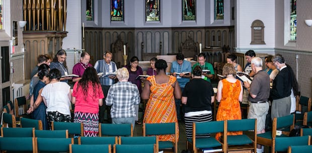 Participants and instructors in the Indigenous Leadership Development Program at Wycliffe College, University of Toronto, gather for prayer. Photo: Dhoui Chang/Wycliffe College