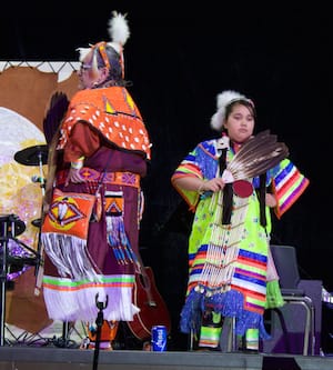 Women from Opaskwayak Cree Nation perform a women's northern traditional dance . Photo: Allison Courey 
