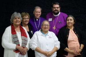 Back row (l-r): Freda Lepine, Archbishop Fred Hiltz, Bishop William Cliff; front row (l-r): Nellie Morrisseau, Melinda Ronbinson and Connie Young Photo: Allison Courey