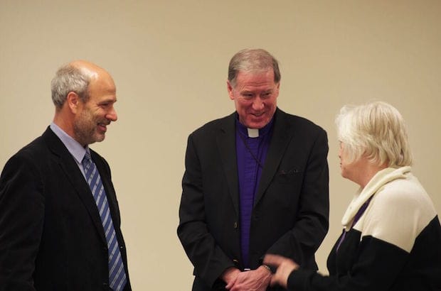 Archbishop Fred Hiltz (middle), primate of the Anglican Church of Canada and president of the PWRDF board, and Adele Finney (right), PWRDF executive director, welcome William Postma. Photo: Simon Chambers