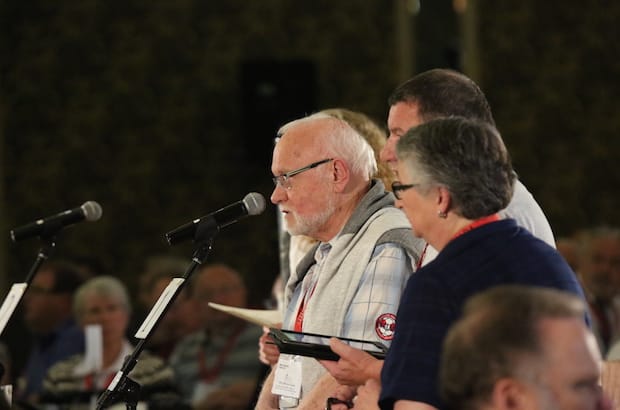 Archdeacon Pierre Voyer, the Rev. Danny Whitehead and Ruth Sheeran tell General Synod that their votes to change the marriage canon were not recorded by the clickers. Photo: Art Babych