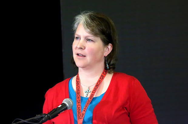 The Rev. Riscylla Walsh Shaw, member of the Primate's Commission on the Doctrine of Discovery, Reconciliation and Justice, addresses members of General Synod 2016. Photo: Art Babych