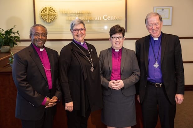 (L-R:) Presiding Bishop Michael Curry, of The Episcopal Church (TEC); National Bishop Susan Johnson, of the Evangelical Lutheran Church in Canada (ELCIC); Bishop Elizabeth Eaton, of the Evangelical Lutheran Church in America (ELCA); and Archbishop Fred Hiltz, primate of the Anglican Church of Canada, at their meeting in Chicago last week. Photo: Will Nunnally/ELCA