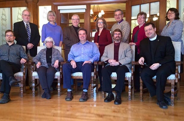 Members of the 2012-2016 round of the Anglican-United Church dialogue. Back row (L-R): the Rev. Donald Koots, Brenda Simpson, the Rev. Gordon Jensen, the Rev. Sandra Beardsall, Bishop Michael Oulton, the Rev. Elisabeth Jones, Archdeacon Lynne McNaughton. Front row: the Rev. Stephen Silverthorne, Gail Allan, the Rev. Andrew O’Neill, the Rev. William Harrison, Bishop Bruce Myers. Photo: Contributed