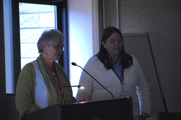 General Synod prolocutor Cynthia Haines-Turner fields questions about CoGS' responsibility to encourage provinces and dioceses to discuss the marriage canon with planning and agenda team co-chair the Rev. Karen Egan (right). Photo: André Forget