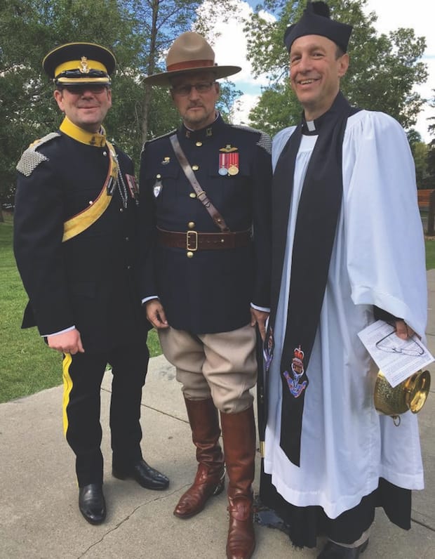 (L to R): Lt.-Col. Troy Steele, commanding officer of the South Alberta Light Horse; Stephen Gallard, vestry liaison with Holy Trinity Anglican Church in Edmonton; and Archdeacon Christopher Pappas, rector of Holy Trinity. Photo: Contributed