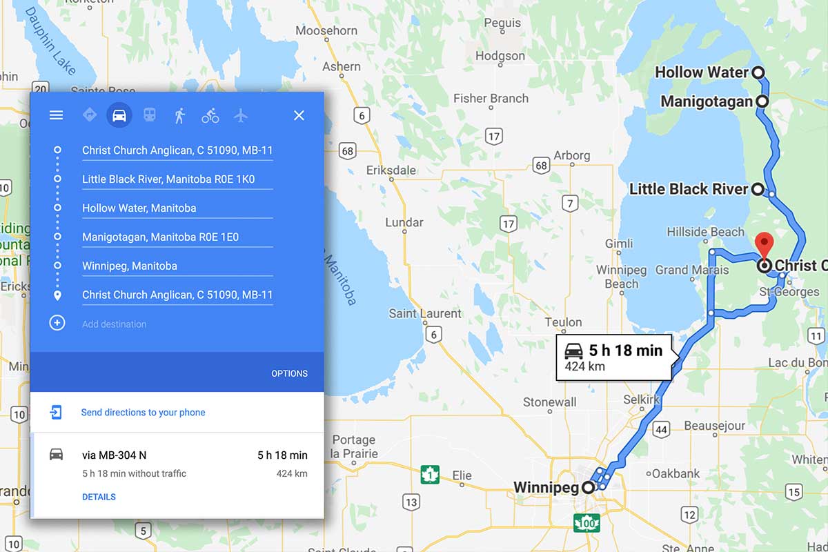 The Bruyeres travel to conduct funerals, weddings and baptisms, and they are often called to Winnipeg in response to requests for pastoral care. All in all, their pastoral work can take them hundreds of kilometres per day. Photo: Google Maps