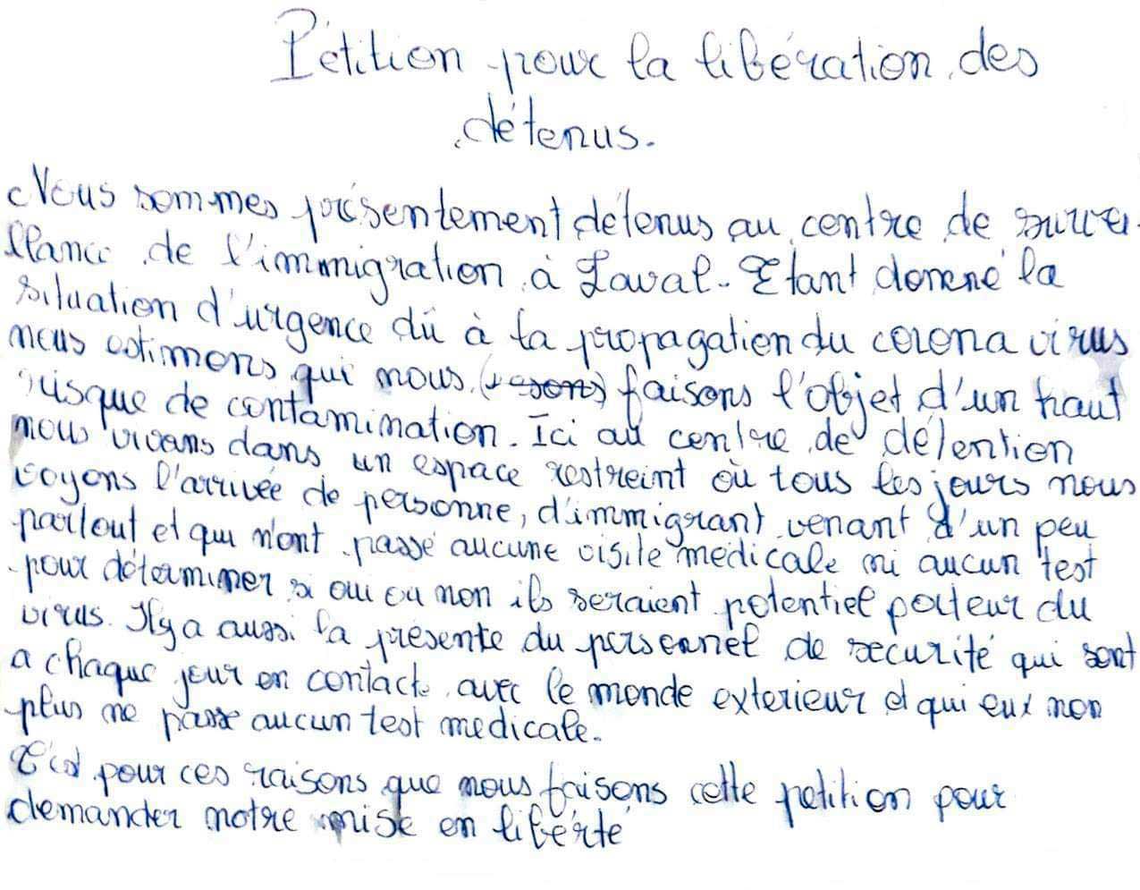 Laval detainees’ letter